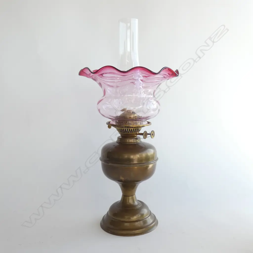DOUBLE WICK KEROSENE LAMP, CRANBERRY SHADE AS NEW H.500mm Image 1++