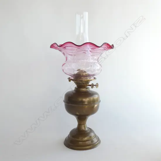 DOUBLE WICK KEROSENE LAMP, CRANBERRY SHADE AS NEW H.500mm