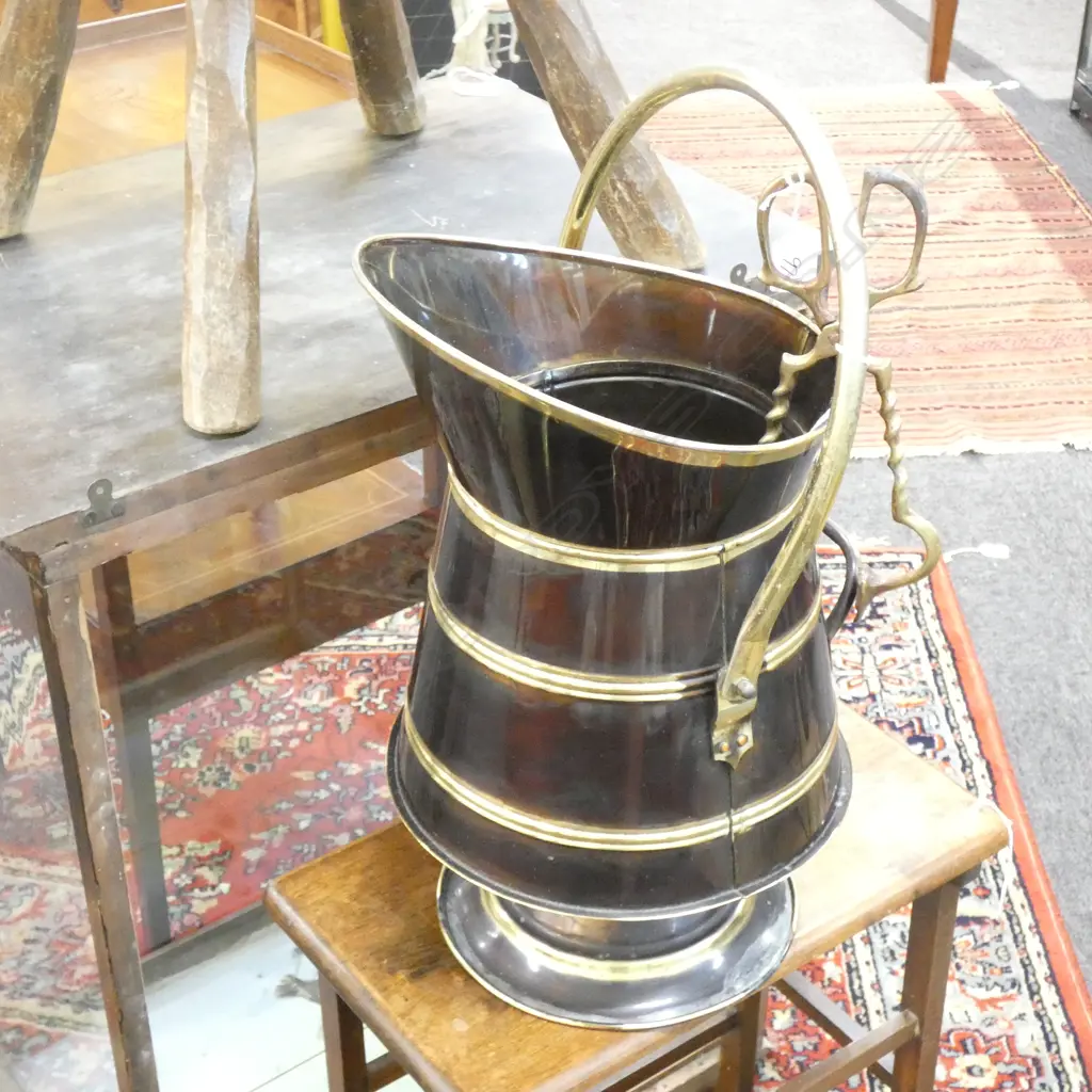 COAL SCUTTLE - BLACK METAL W COPPER BANDS (H 470MM) + BRASS FIRE TONGS  Image 1++