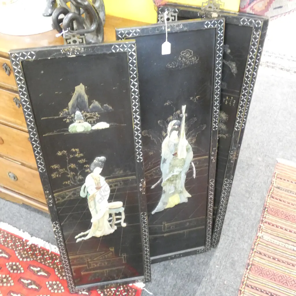 4 CHINESE INLAID LACQUER PANELS 910x300mm Image 1++