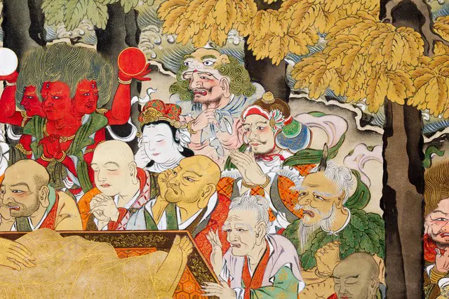 A Japanese, Edo period hanging scroll painting  Nehan-zu, (the death of the Buddha) a depiction the parinirvana, or entry into a state of  complete enlightenment, of  the Buddha Sakyamuni. Executed on finely woven textile, most likely silk, with a backing of heavy paper. Image 1++