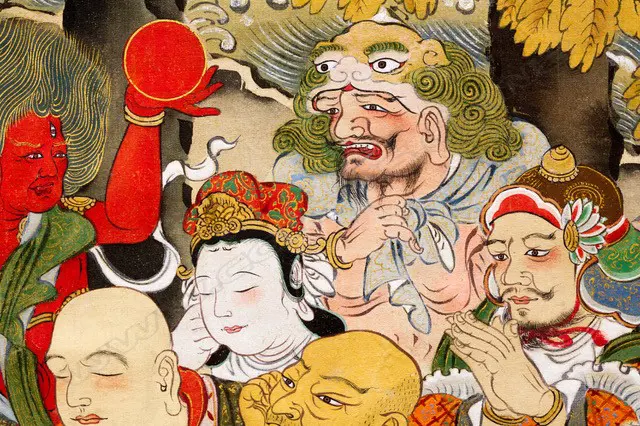 A Japanese, Edo period hanging scroll painting  Nehan-zu, (the death of the Buddha) a depiction the parinirvana, or entry into a state of  complete enlightenment, of  the Buddha Sakyamuni. Executed on finely woven textile, most likely silk, with a backing of heavy paper. Image 1++