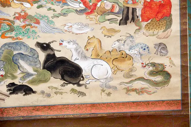 A Japanese, Edo period hanging scroll painting  Nehan-zu, (the death of the Buddha) a depiction the parinirvana, or entry into a state of  complete enlightenment, of  the Buddha Sakyamuni. Executed on finely woven textile, most likely silk, with a backing of heavy paper. Image 1++