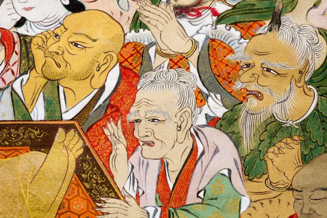 A Japanese, Edo period hanging scroll painting  Nehan-zu, (the death of the Buddha) a depiction the parinirvana, or entry into a state of  complete enlightenment, of  the Buddha Sakyamuni. Executed on finely woven textile, most likely silk, with a backing of heavy paper. Image 1++