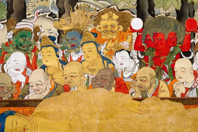 A Japanese, Edo period hanging scroll painting  Nehan-zu, (the death of the Buddha) a depiction the parinirvana, or entry into a state of  complete enlightenment, of  the Buddha Sakyamuni. Executed on finely woven textile, most likely silk, with a backing of heavy paper. Image 1++