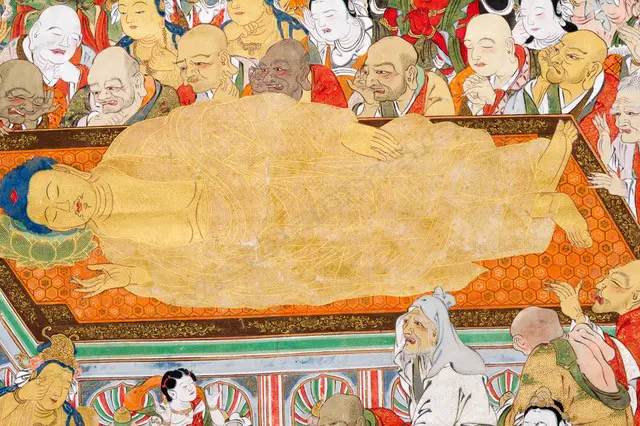 A Japanese, Edo period hanging scroll painting  Nehan-zu, (the death of the Buddha) a depiction the parinirvana, or entry into a state of  complete enlightenment, of  the Buddha Sakyamuni. Executed on finely woven textile, most likely silk, with a backing of heavy paper. Image 1++