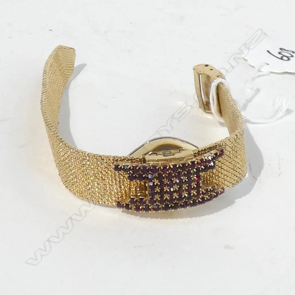 VINTAGE FINASSE LADIES MESH & GARNET? BRACELET WATCH Image 1++