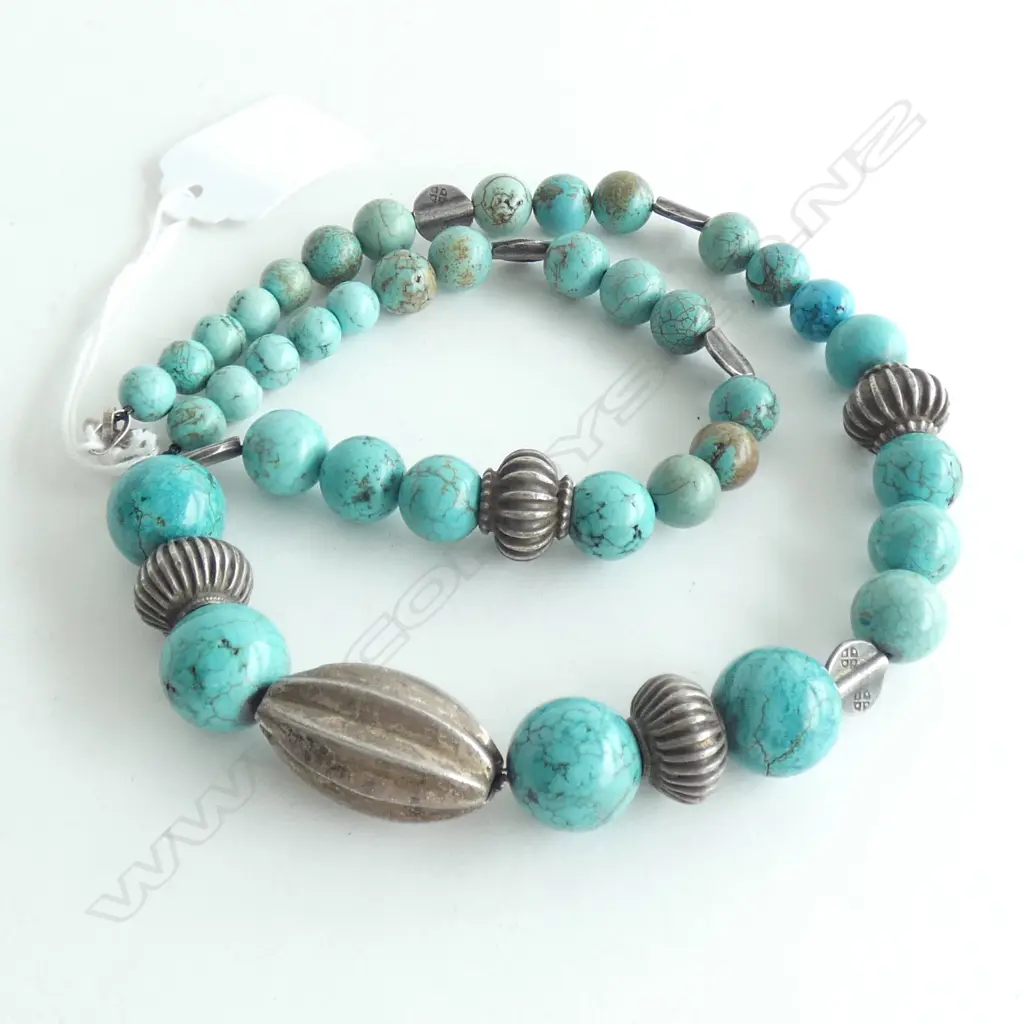 TRIBAL GRADUATED TURQUOISE & SILVER BEAD NECKLACE L.520mm Image 1++