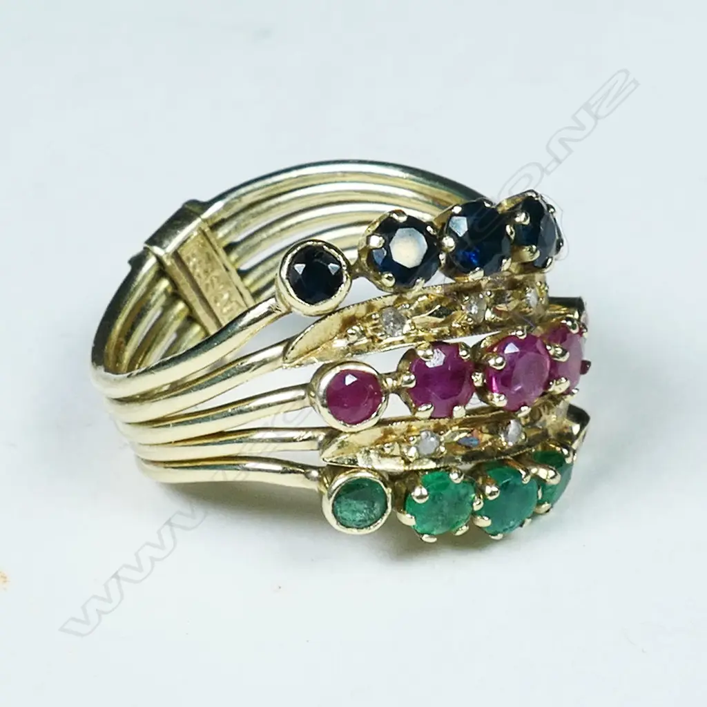 14K 5 BAND GEM STONE RING 6.8gms + ASST. COSTUME RINGS Image 1++