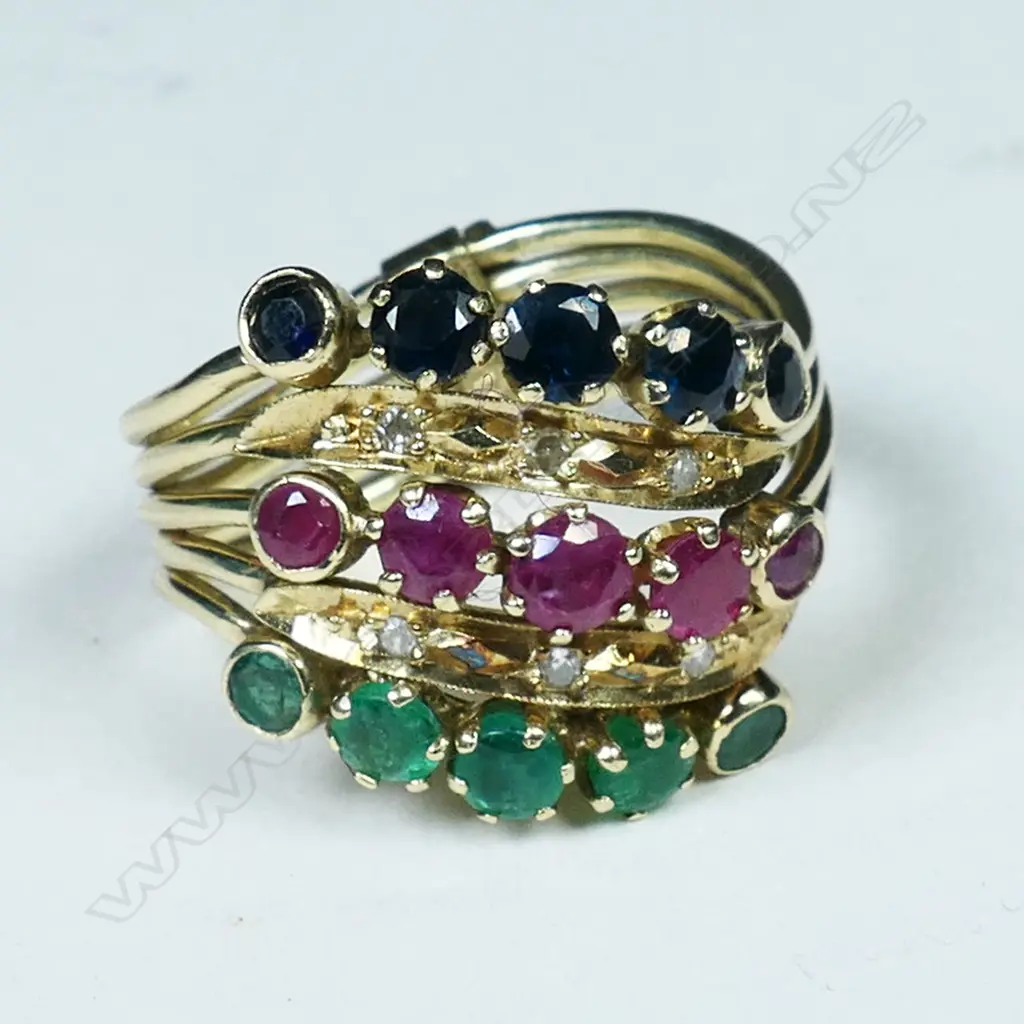 14K 5 BAND GEM STONE RING 6.8gms + ASST. COSTUME RINGS Image 1++