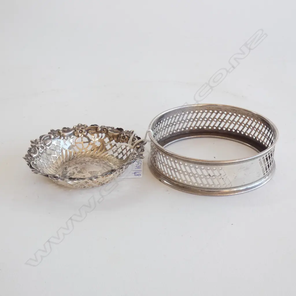 PIERCED STG SILVER DISH CHESTER 1895 + WINE COASTER B'HAM 59 GRAMS A/F Image 1++