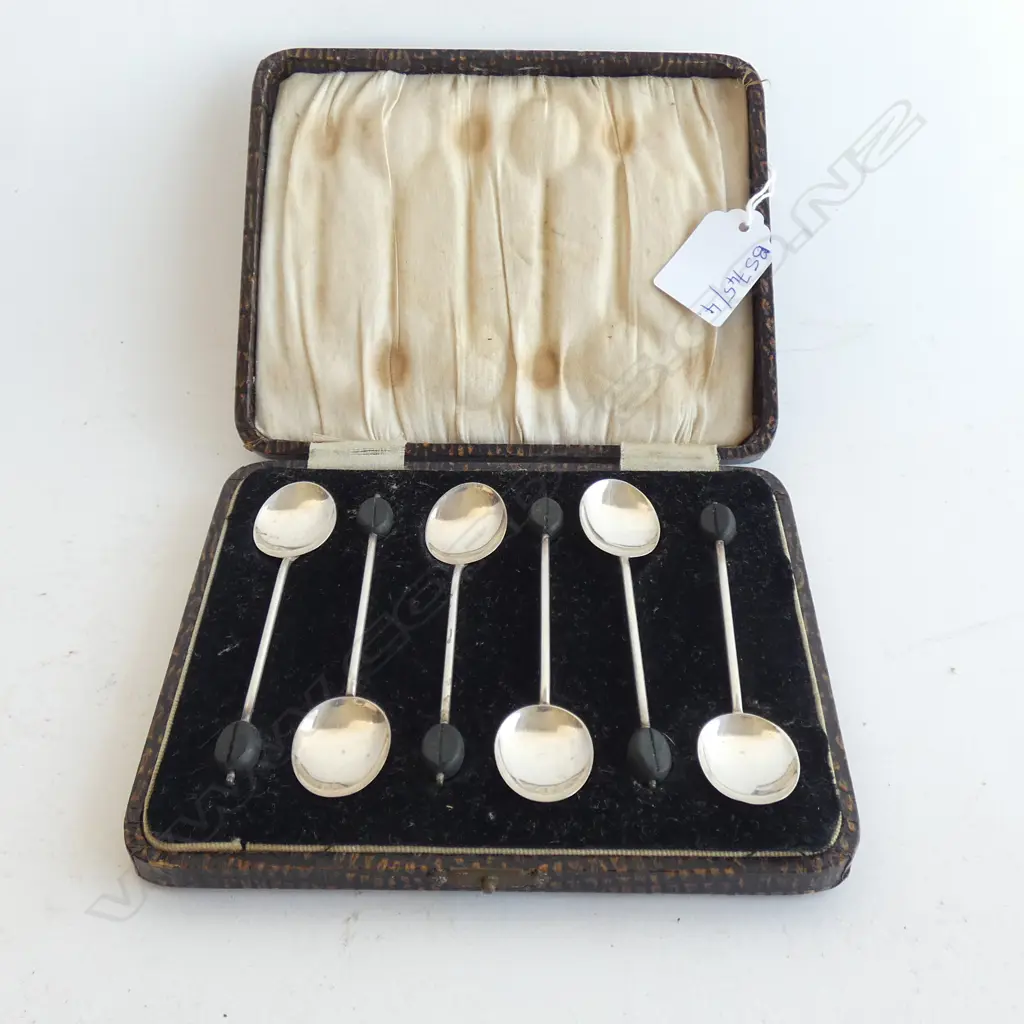 6 DECO COFFEE SPOONS, B'HAM 1928, CASED Image 1++