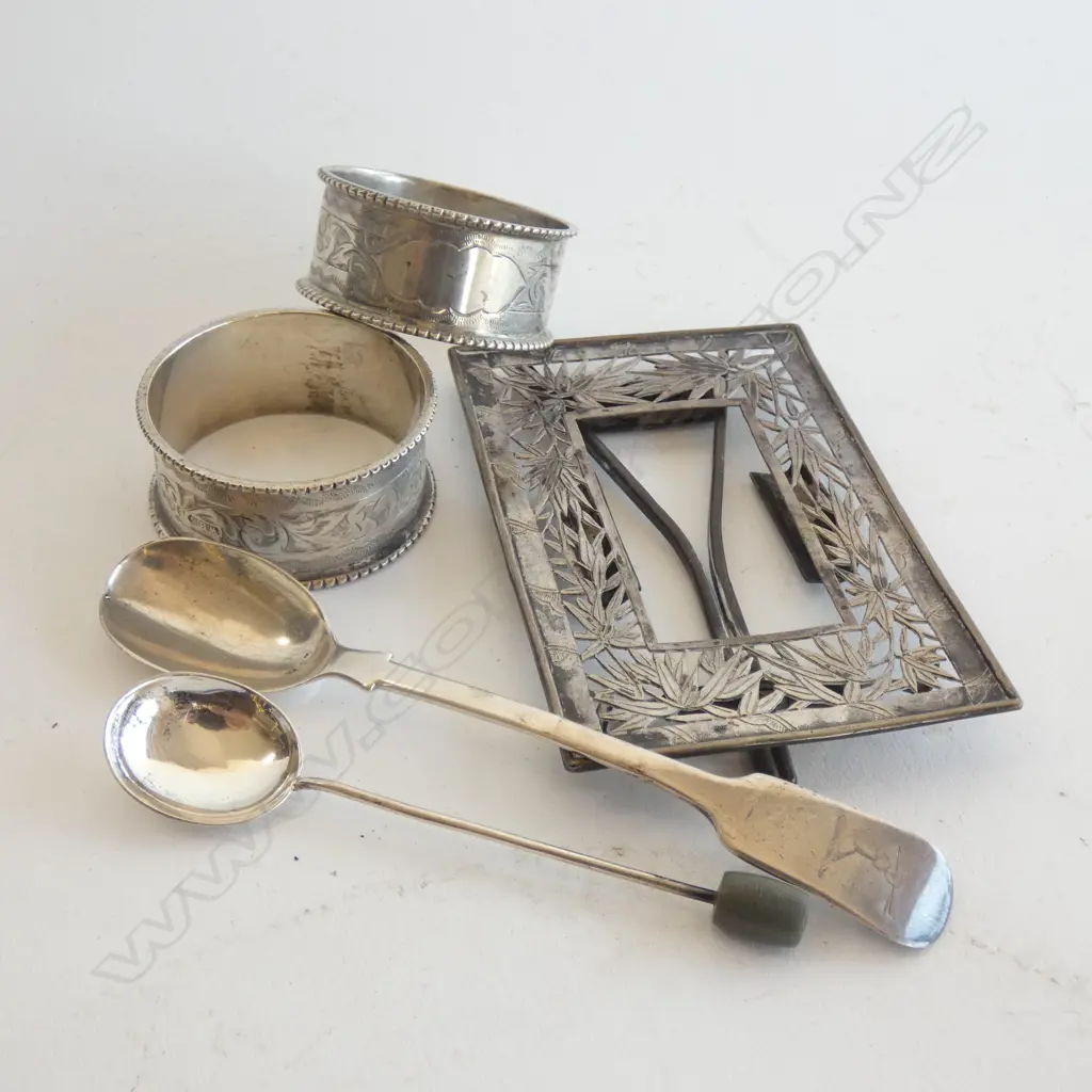  2 STG NAPKIN RINGS + 2 STG SPOONS + JAPANESE SILVER? PHOTO FRAME 85 GRAMS Image 1++