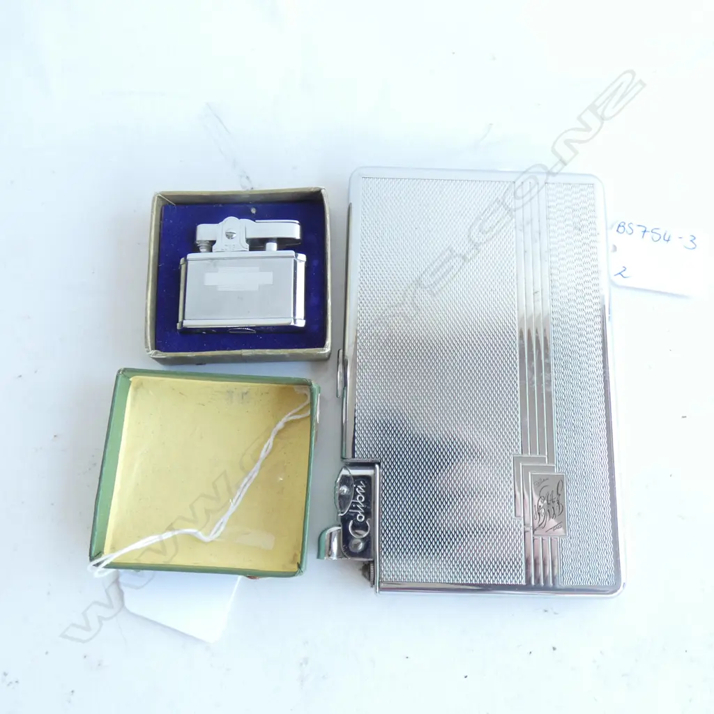 VINTAGE COLIBA CHROME CIGARETTE CASE W LIGHTER & BOXED LONGINES CHROME LIGHTER Image 1++