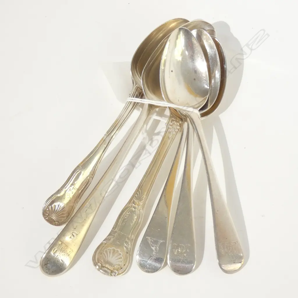 5 ASST GEORGIAN SILVER TEASPOONS & GEORGIAN SILVER DESSERT SPOON  153gm Image 1++