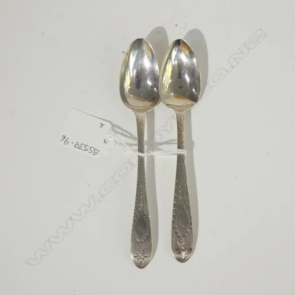 TWO GEORGIAN IRISH SILVER BRIGHTCUT TEASPOONS 33gm Image 1++