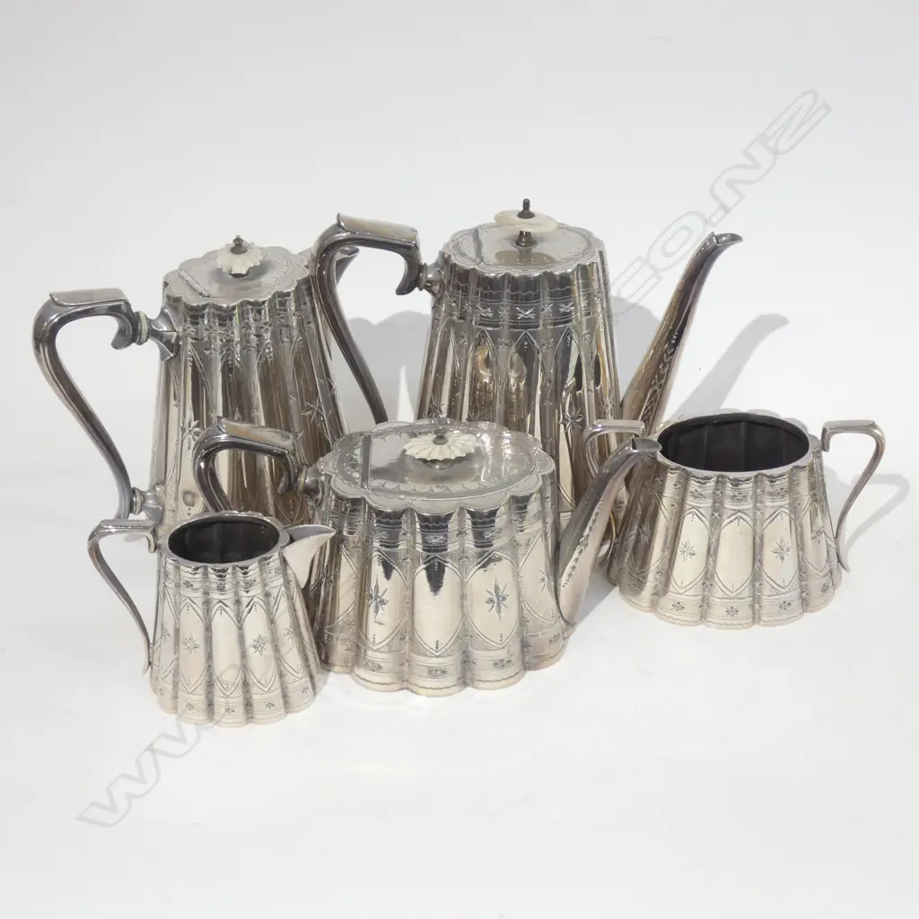 FIVE PC VICTORIAN SILVER PLATE TEA SET; TEA / COFFEE & HOT WATER POTS / JUG & SUGAR Image 1++