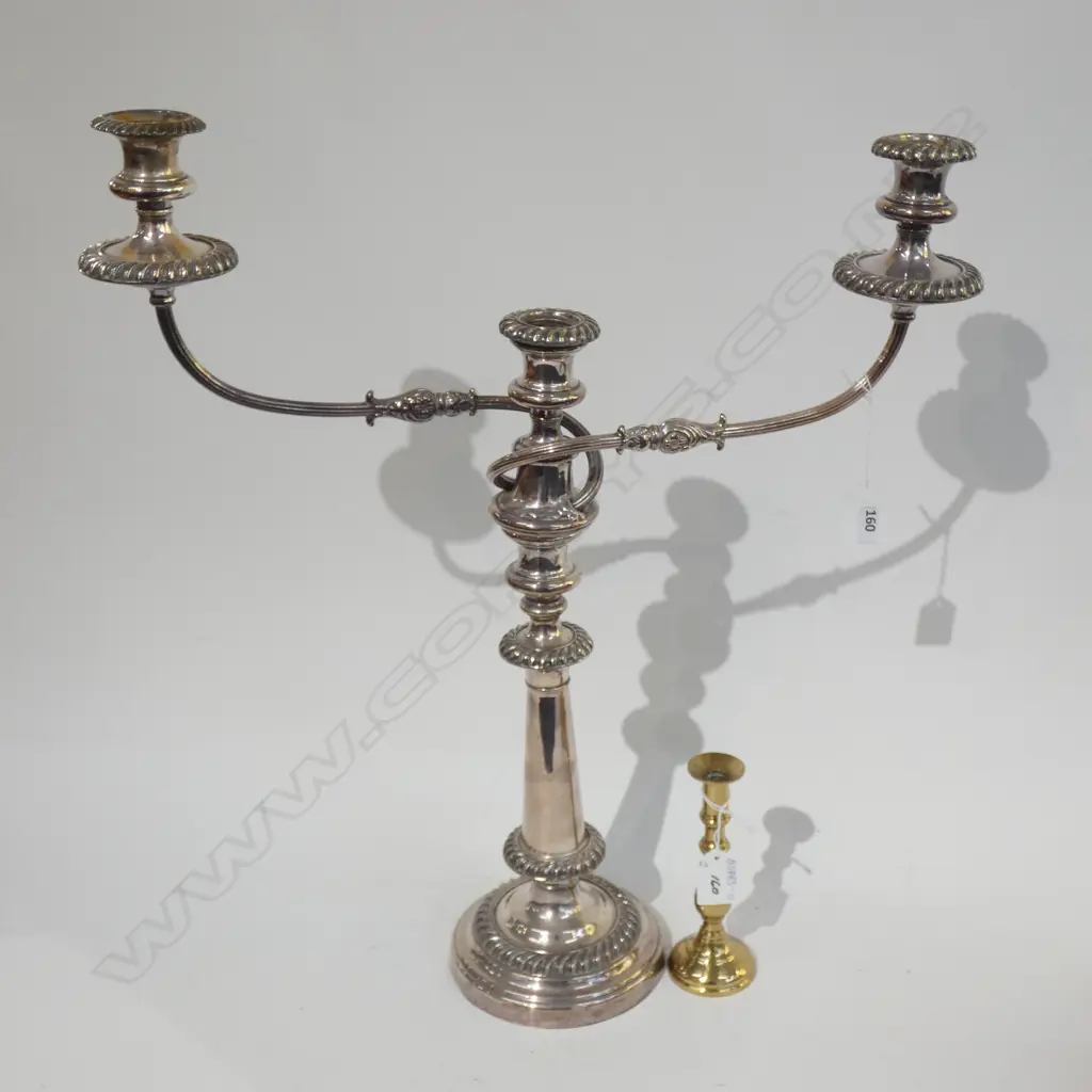 LG 3 ARM SILVER PLATE CANDELABRA H. 500MM & SM BRASS CANDLESTICK H. 150MM Image 1++