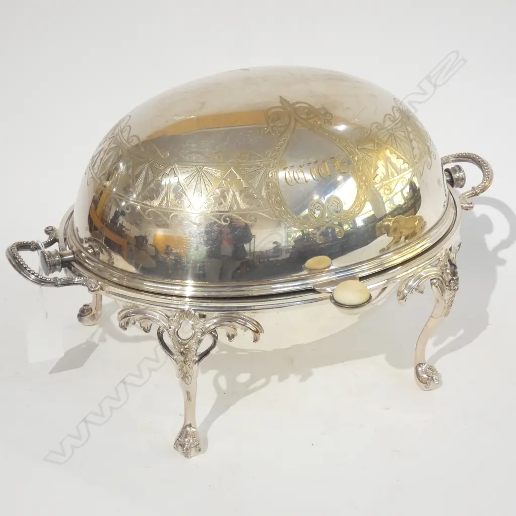 LG ENGRAVED SILVER PLATE DOME FOOD WARMER / MEAT TRAY H. 240 L 350MM Image 1++