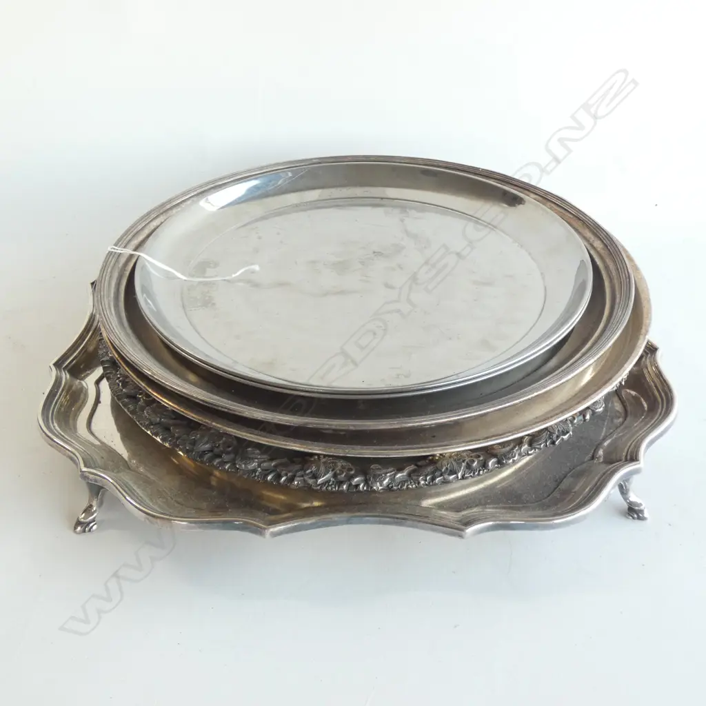 7 SILVER PLATE TRAYS; REPRODUCTION SHEFFEILD PLATE ETC 400mm dia Image 1++