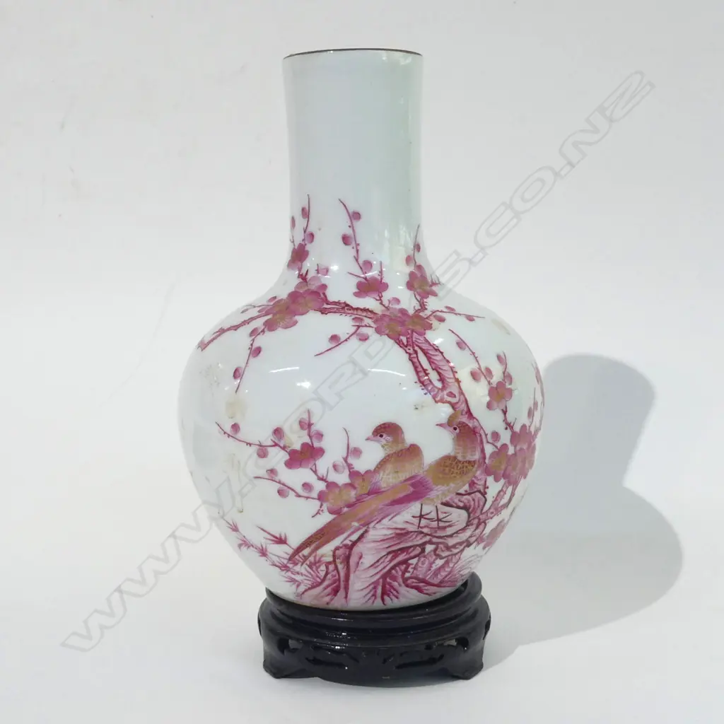 QIANLONG STYLE VASE W BLOSSOMS & WOODEN STAND H.255MM  HAS BEEN REPAIRED  Image 1++