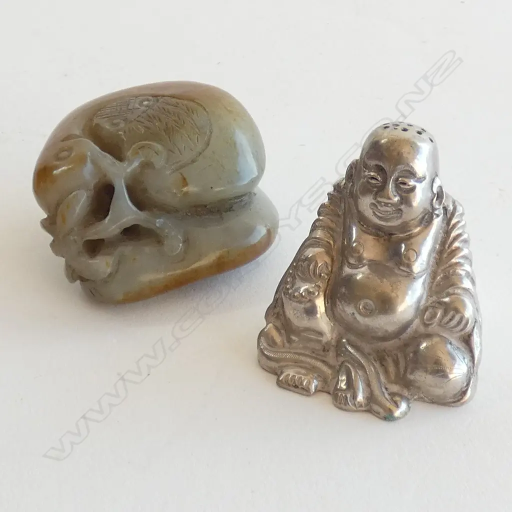CHINESE SILVER PEPPER POT IN THE FORM OF BUDDHA + JADE HANDLING PIECE Image 1++