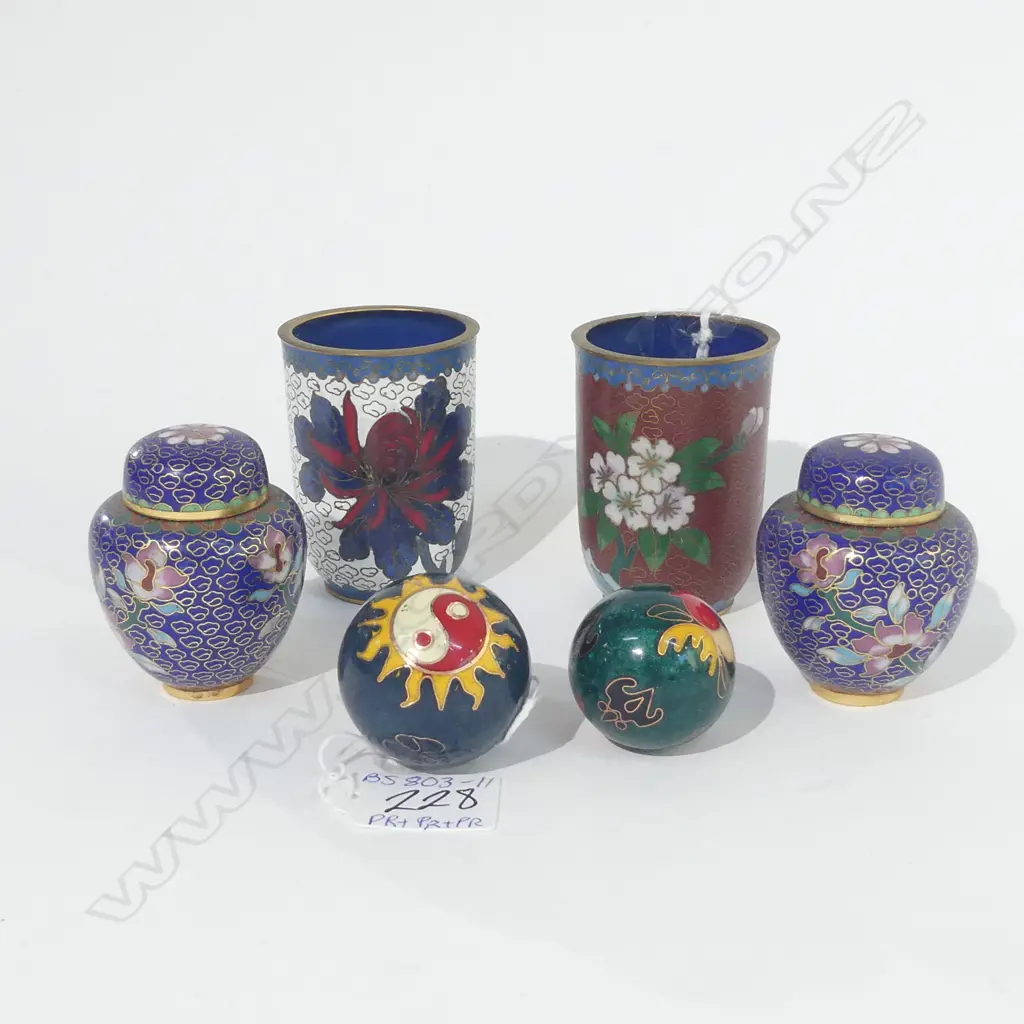 ORIENTAL CLOISONNE; PR SM GINGER JARS H 65MM PR SM CUPS H 73MM  & PR BAODING BALLS Image 1++