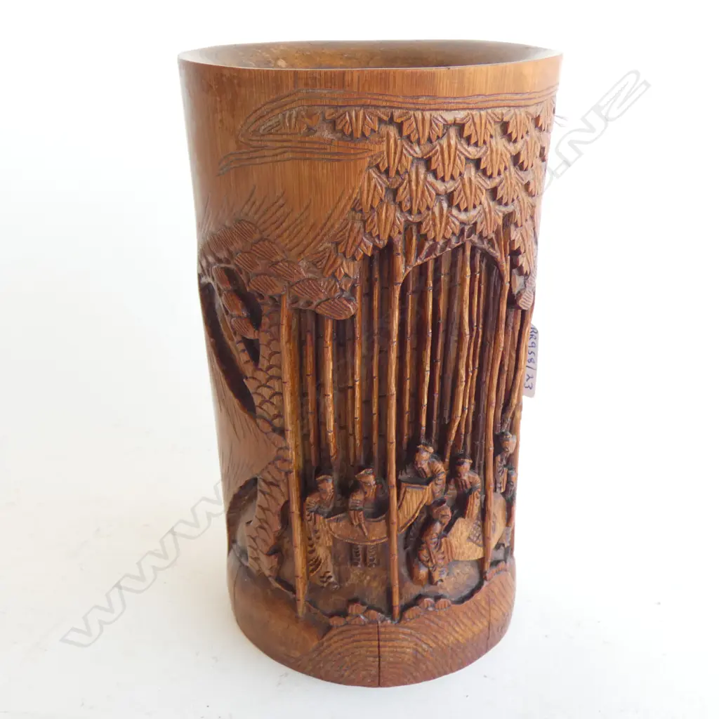 CHINESE CARVED BAMBOO BRUSH POT , JUNGLE VILLAGE SCENE, SIGNED Image 1++