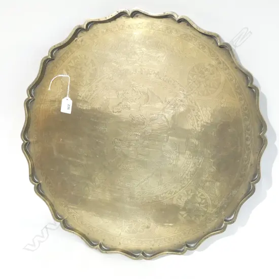 LGE OLD BRASS CHINESE ENGRAVED WALL HANGING TRAY