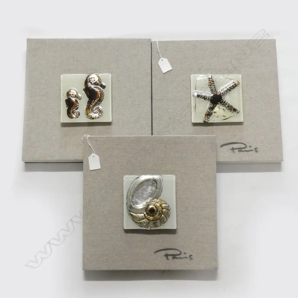 3 SIGNED ARTWORKS; GLASS TILES w. OCEAN THEME MOUNTED ON FABRIC 300mm sq Image 1++