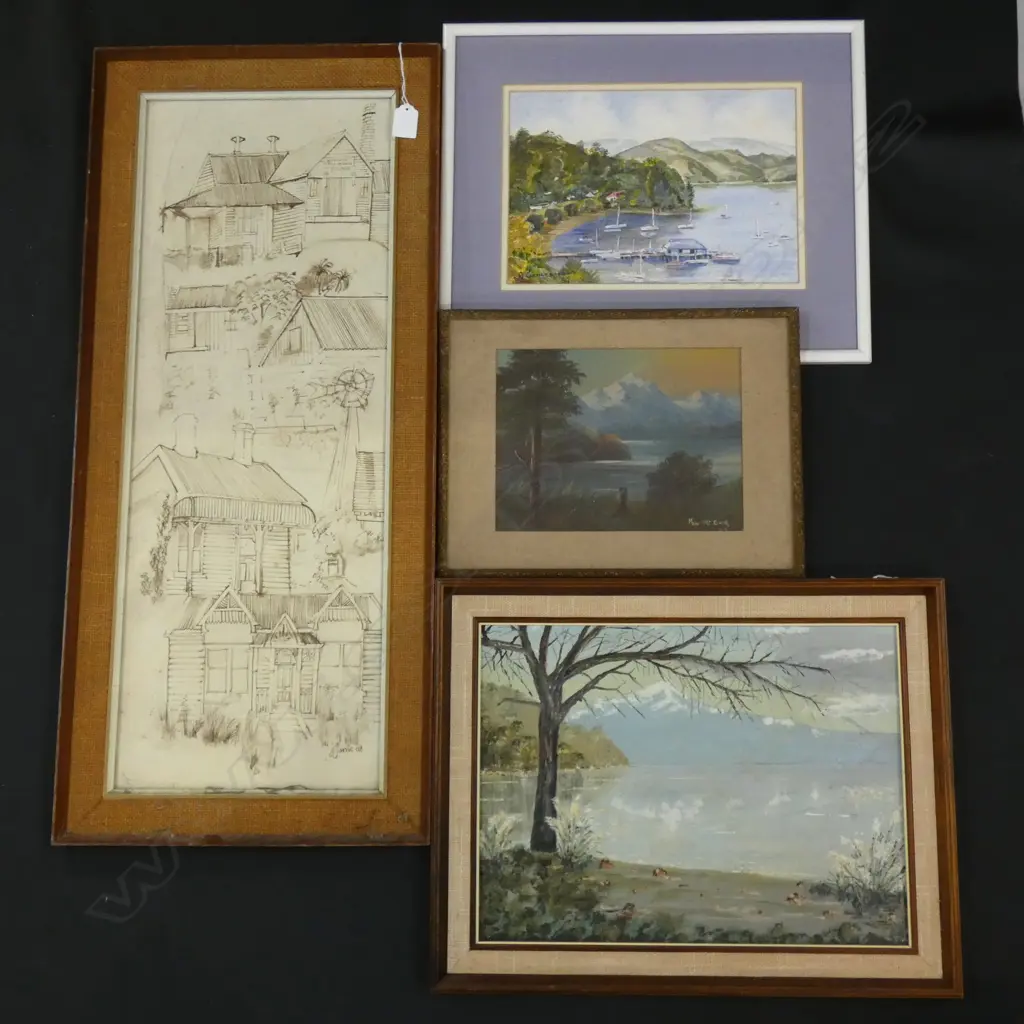 4 SIGNED NZ SCENE PAINTINGS B. SCHLESINGER ETC. LARGEST 690 X 250MM Image 1++
