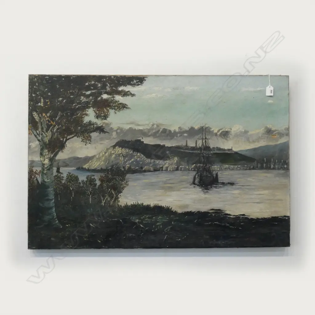 UNFRAMED OIL ON CANVAS, HARBOUR SCENE, SIGNED MATHIESON(?). REPAIRS. 930 x 600mm Image 1++