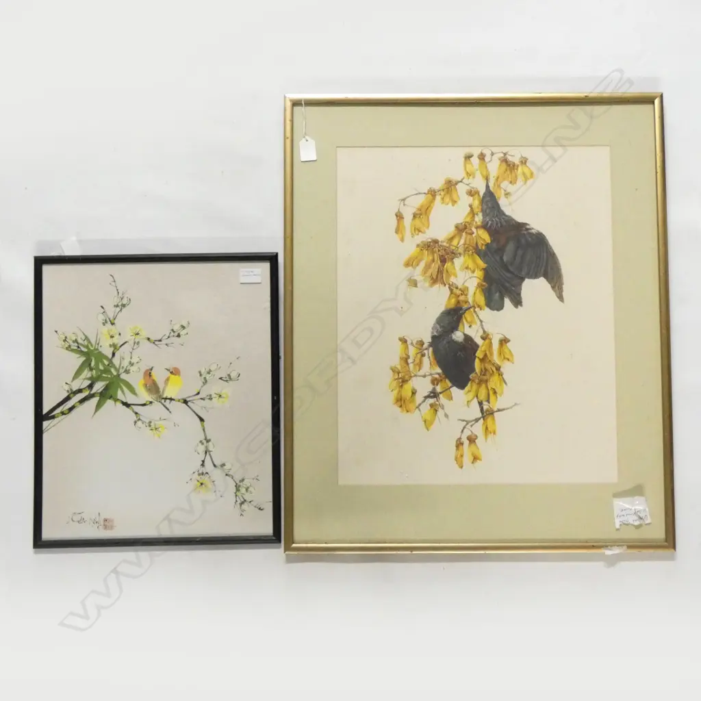TUI IN KOWHAI PRINT 505x410mm + CHINESE ARTWORK; BIRDS & BRANCH ON FABRIC Image 1++