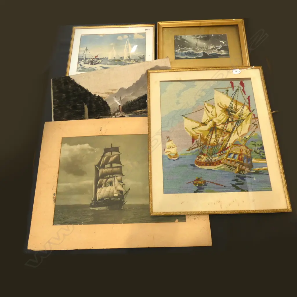 FIVE ASST OLD PAINTINGS / PRINTS / TAPESTRY - BOATS / SHIPS ETC. LARGEST 425 X 520MM Image 1++