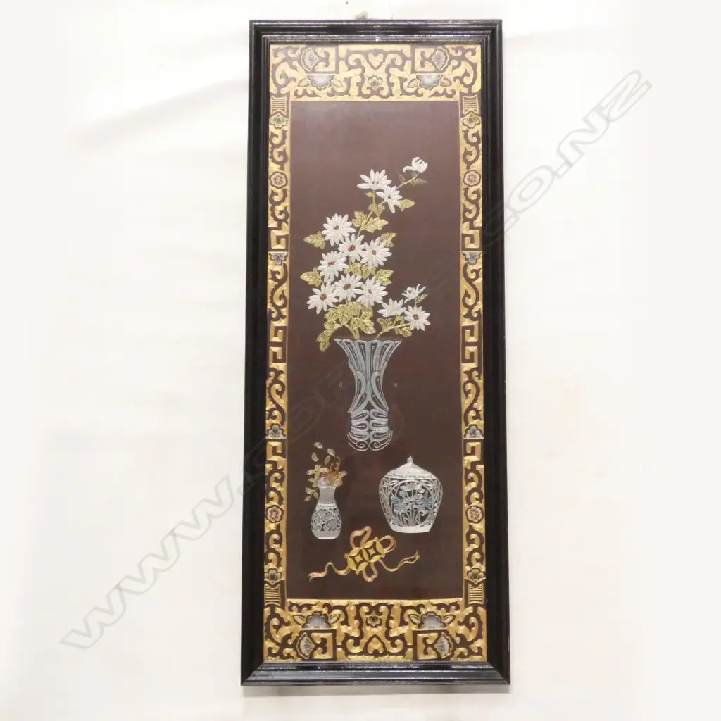 ORIENTAL WOODEN FRAMED EMBROIDERY WALL HANGING 1075 X 420MM Image 1++
