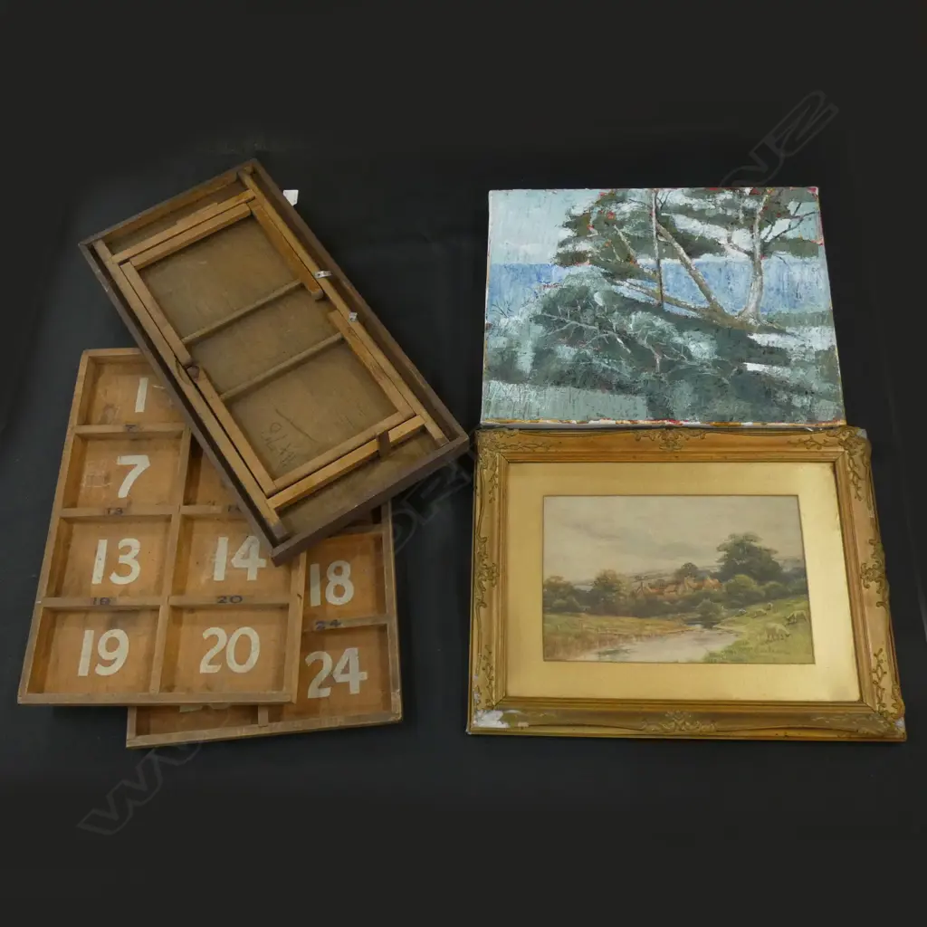 2 PAINTINGS + PR OLD WOODEN TRAYS w PAINTED NUMBERS (520 X 355MM) & SM FOLDING TRAY (310 X 615MM) Image 1++