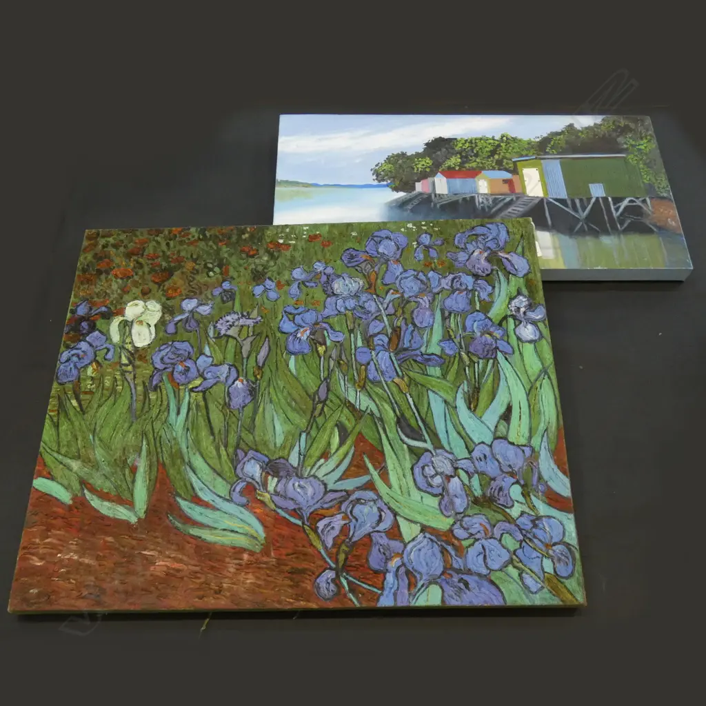 2 OIL ON CANVAS PAINTINGS; LILIES & BOAT HOUSES (SIGNED) LARGEST 650 X 800MM Image 1++