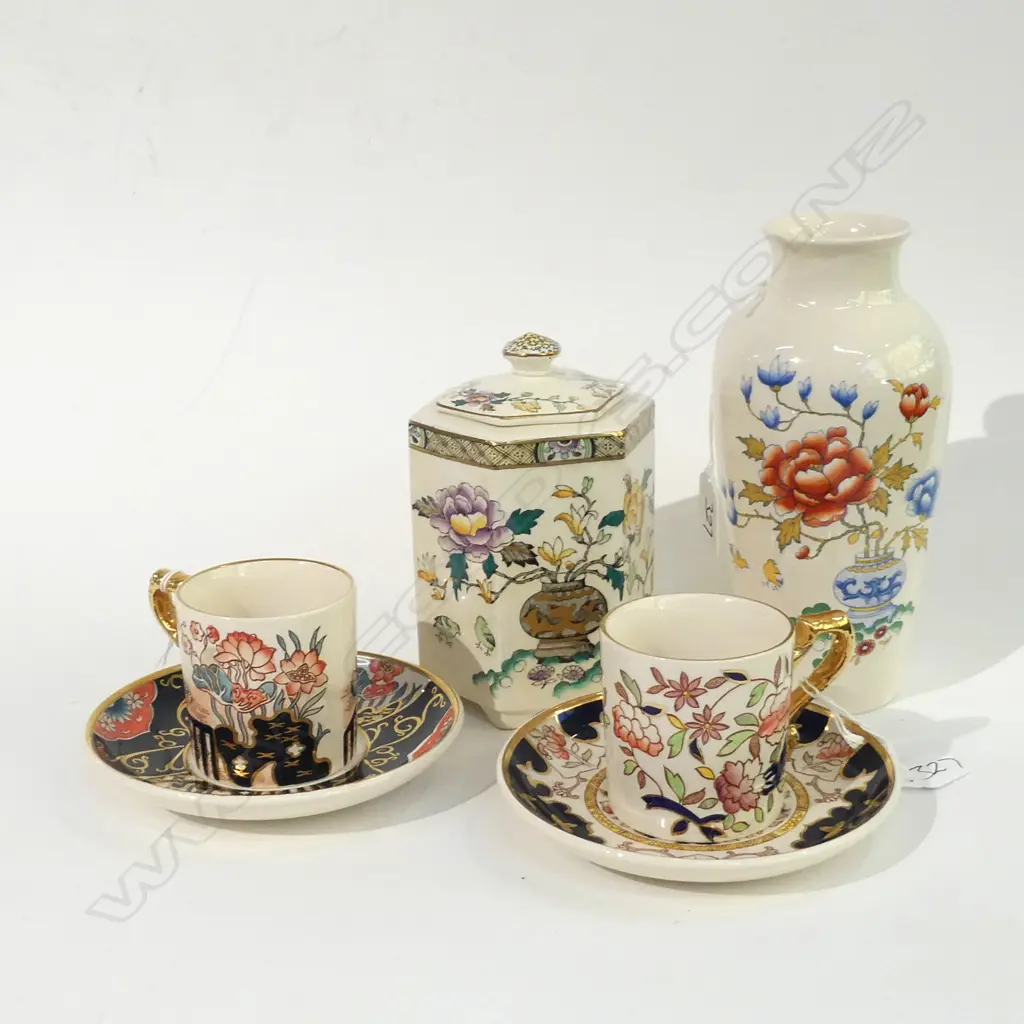 MASON IRONSTONE PEONY PAT TEA CADDY & VASE & 2 WATER GARDEN C/S Image 1++