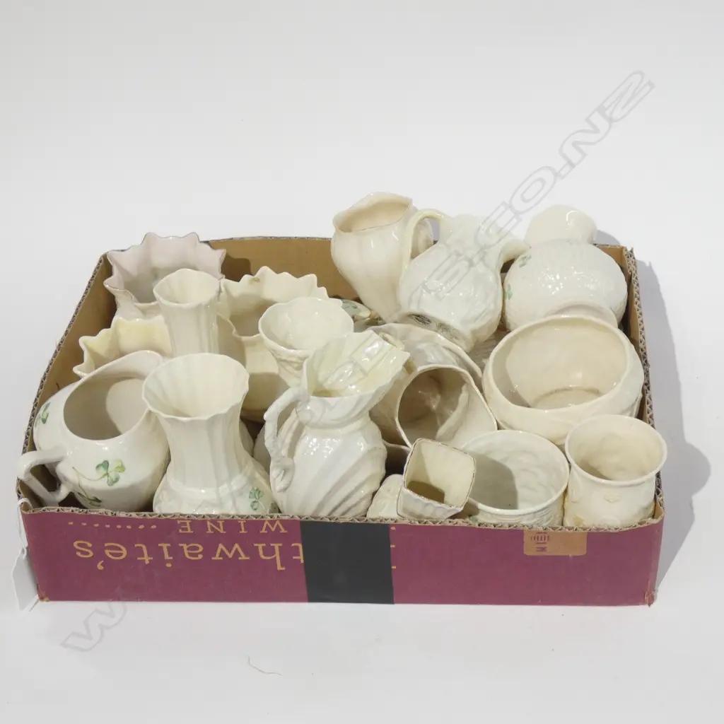 GOOD BOX LOT ASST BELLEEK; MOSTLY BLUE / GREEN & BROWN STAMPS (1 BLACK) Image 1++