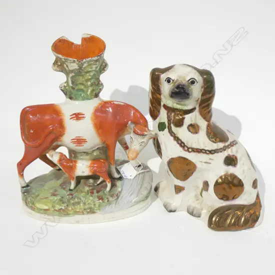 2  VICT. STAFFORDSHIRE PCES. DOG & VICT COW VASE A/F