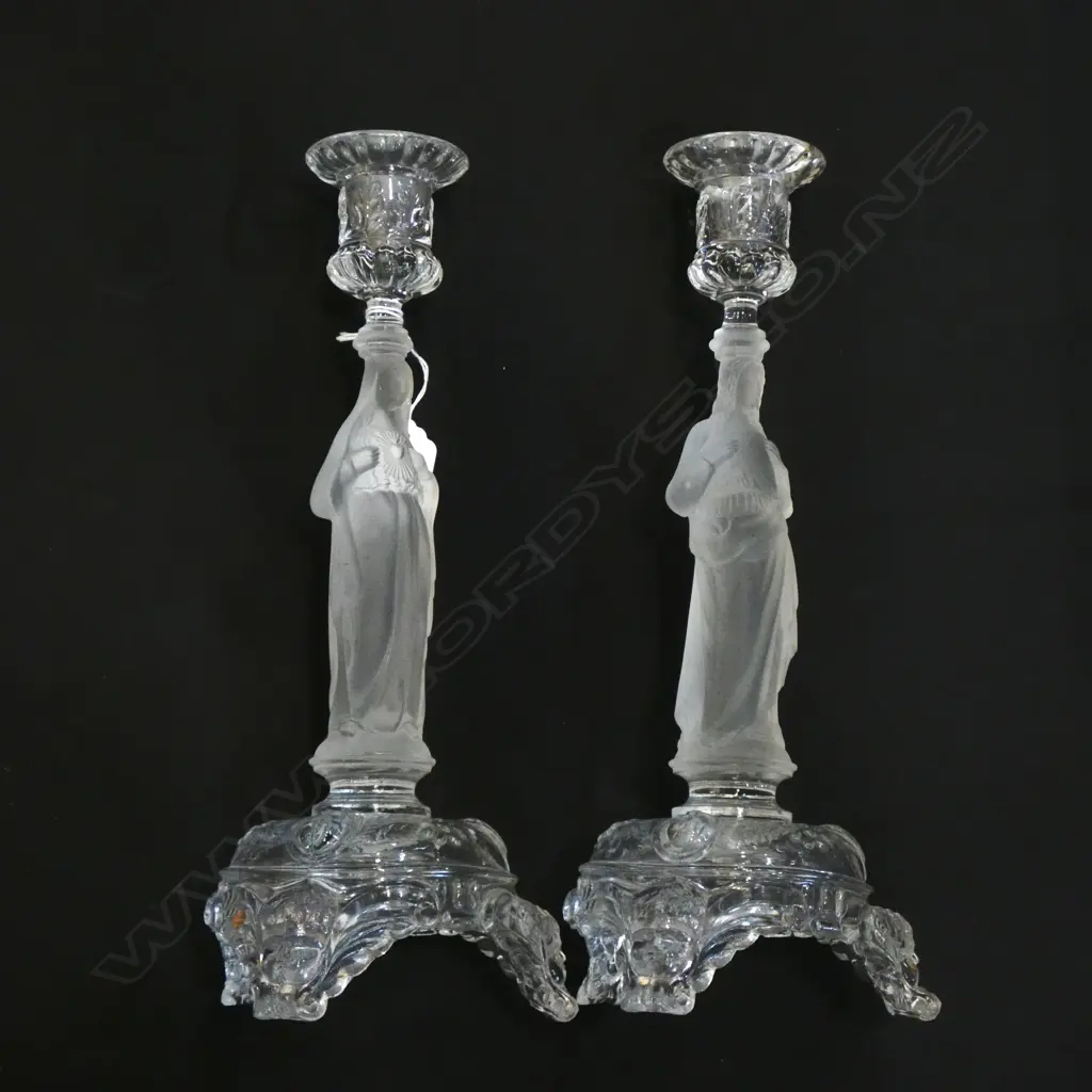 PR OLD PRESSED GLASS FIGURED MADONNA CANDLESTICKS.. Image 1++