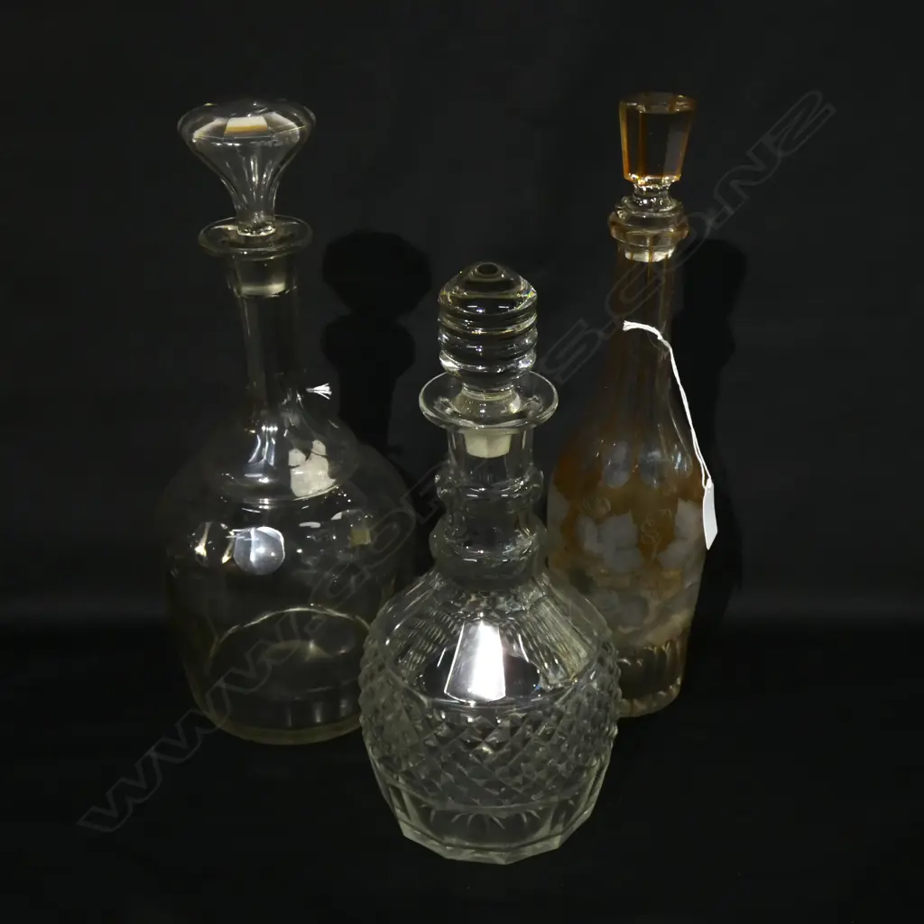 3 ANTIQUE GLASS DECANTERS H 360 MM Image 1++