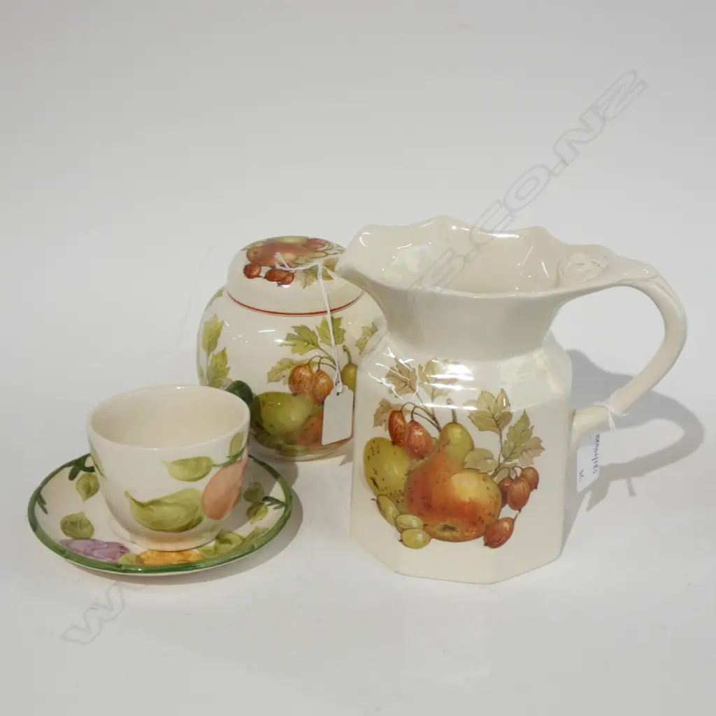 MASON IRONSTONE FRUIT PAT JUG LIDDED GINGER JAR & C/S Image 1++