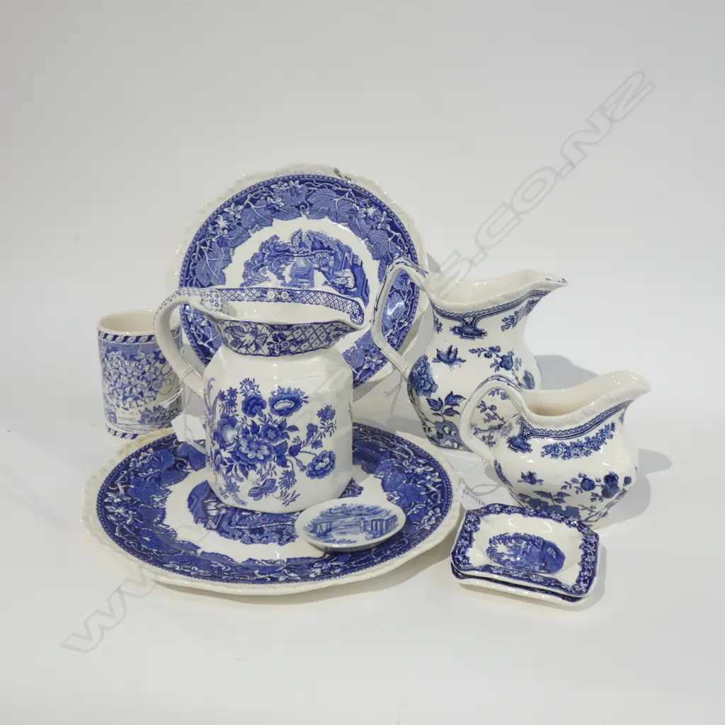 MASON IRONSTONE 3 B/W JUGS 2 PLATES BRUSH HOLDER & 3 DISHES Image 1++