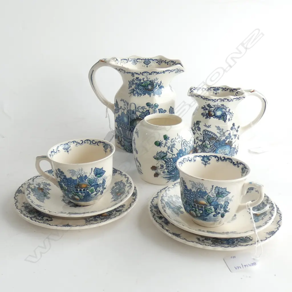 MASON IRONSTONE 2 OCTAGANAL JUGS 2CSPS & JAR FRUIT BASKET PAT Image 1++