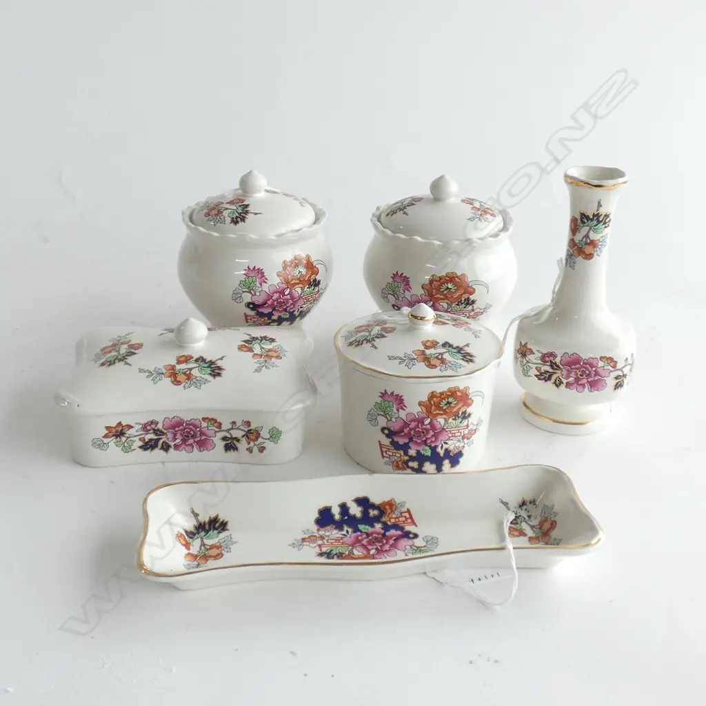 MASON IRONSTONE 4 LIDDED JARS VASE & DISH CHINESE GARDEN PATTERN Image 1++