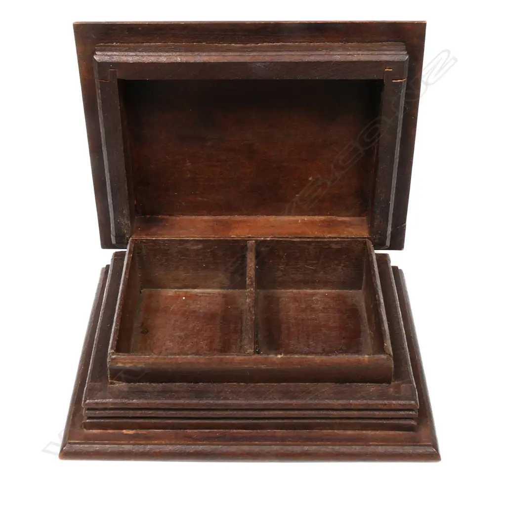 Wooden Double Stamp Box with a hinged top carved with a floral motif, and “ST. CHESIERES” Image 1++