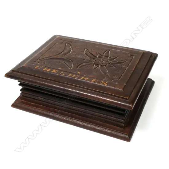 Wooden Double Stamp Box with a hinged top carved with a floral motif, and “ST. CHESIERES”