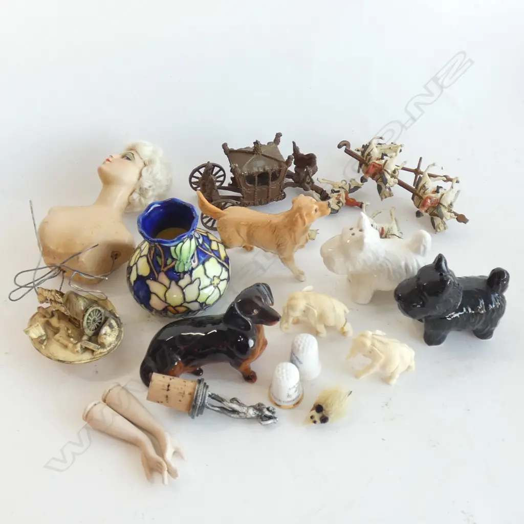 BOX VINTAGE BOUDIOR DOLL HEAD, PR IVORY ELEPHANTS AF, CERAMIC DOGS ETC Image 1++