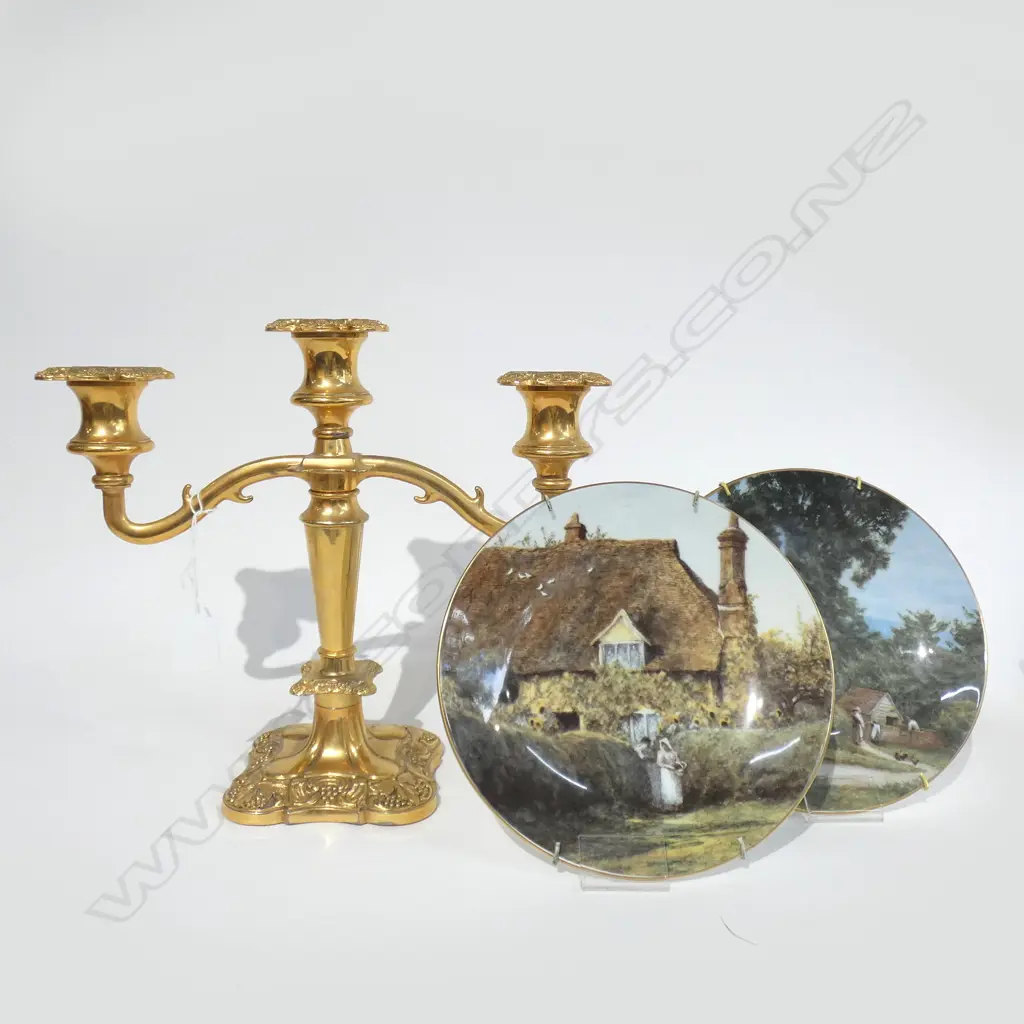 GOLD GILT 3-ARM CANDELABRA ((L 290MM)& PR COALPORT COLLECTABLE PLATES (DIA 190MM) Image 1++